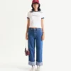 Quần denim nữ lật gấu form straight cropped