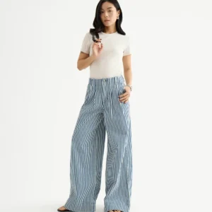 Quần Jeans Nữ Kẻ Sọc Lưng Liền Ống Rộng Đứng Phom