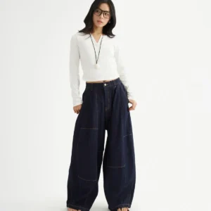 Quần Denim Nữ Xanh Navy Rã Phối Form Balloon